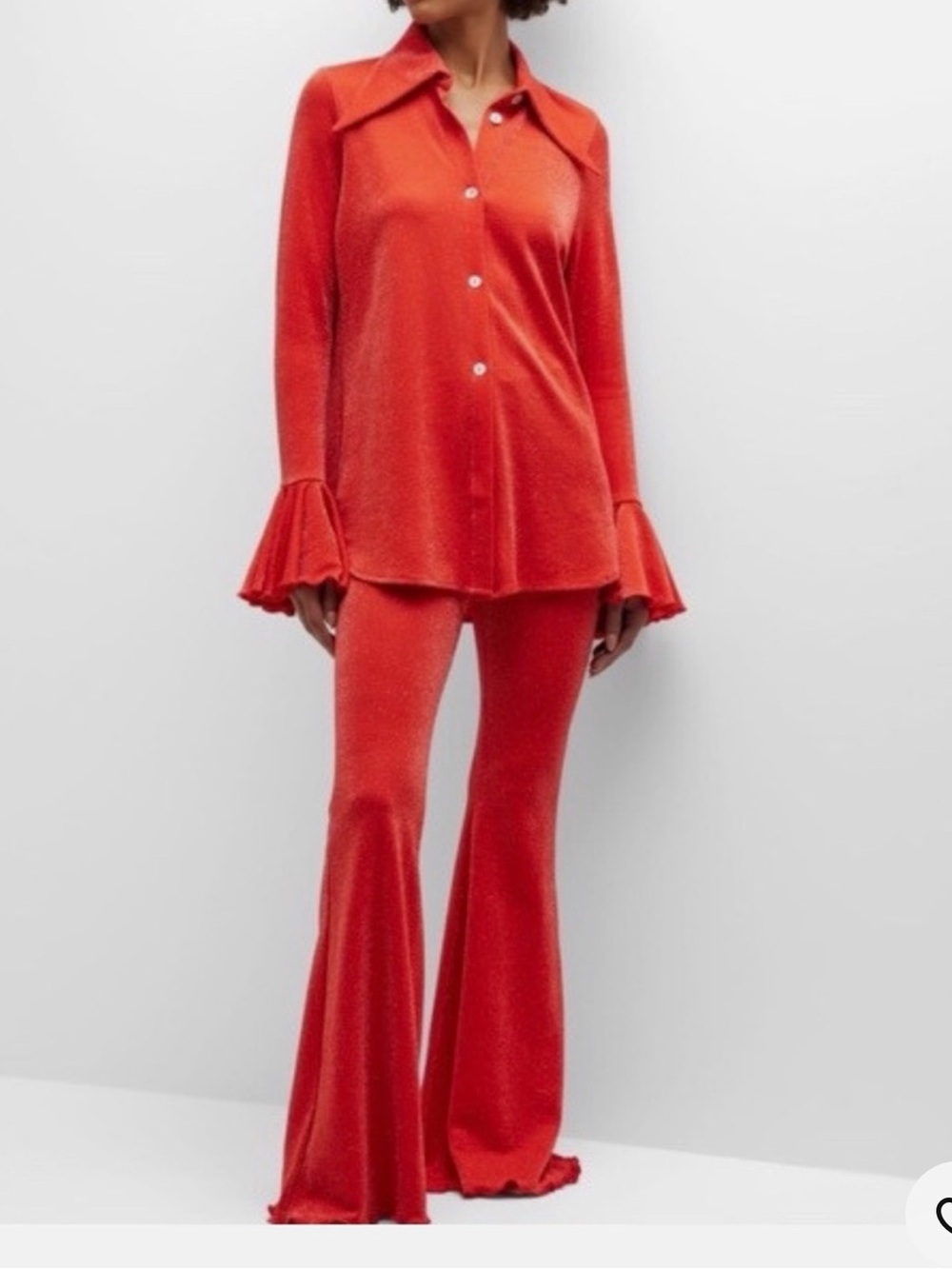 Sleeper Red metallic Flared Pants and Button-Up Top set